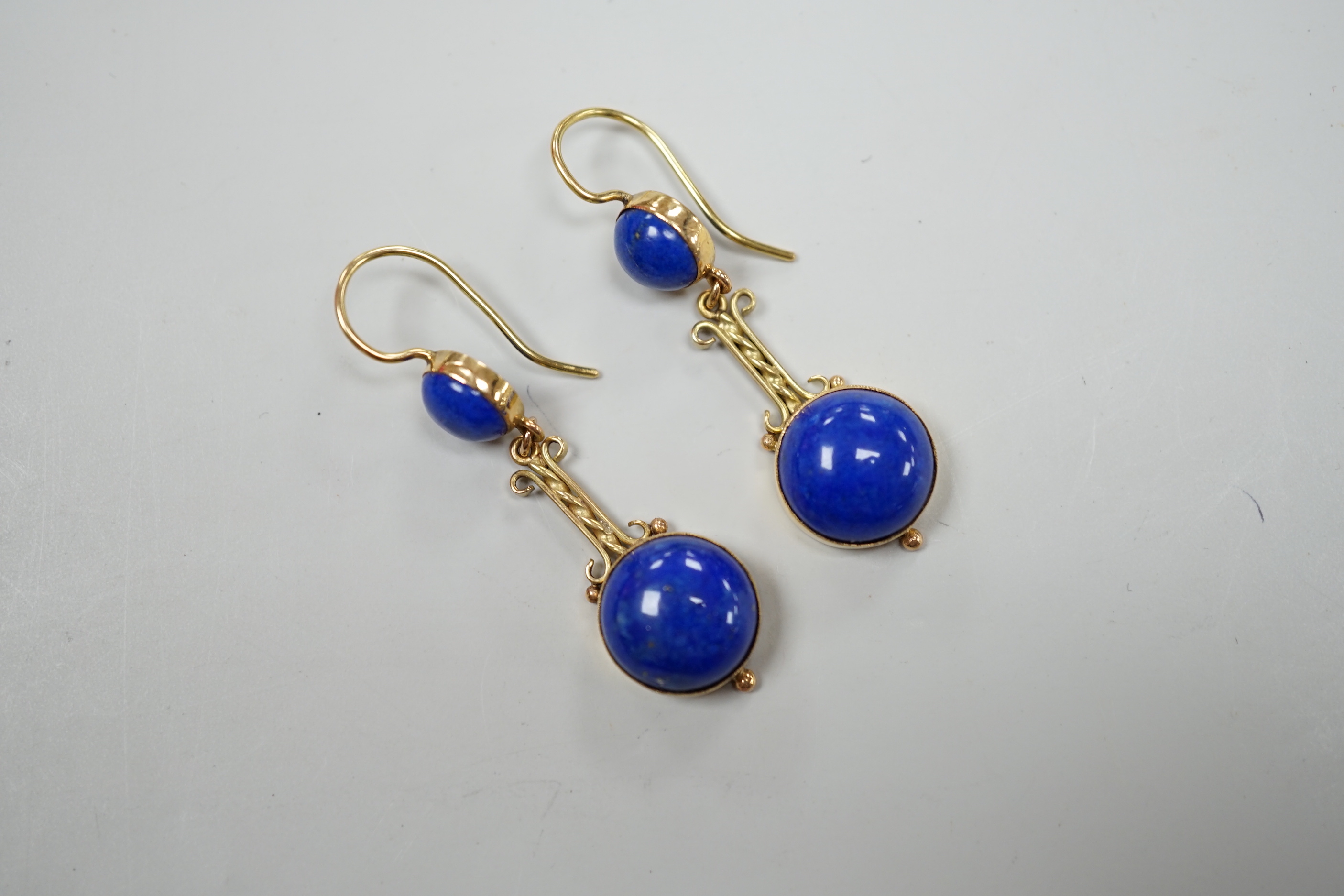 A pair of Victorian style gold and lapis lazuli drop earrings, 3.5cm, gross 7.6 grams